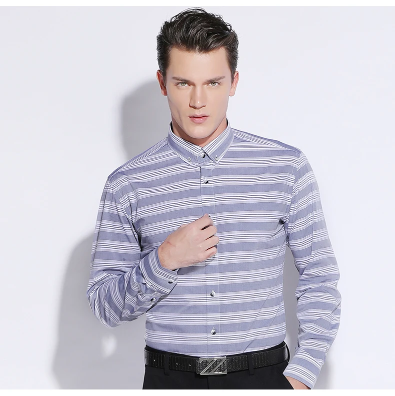 Хлопок Весна дизайн формальные мужские платья рубашки синий/белый толстые горизонтальные полосы элегантные деловые повседневные мужские рубашки