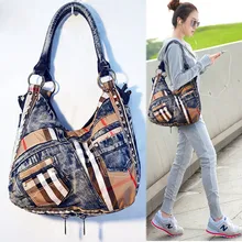 Quality Personalized vintage women’s handbag casual denim one shoulder cross-body portable fashion plaid canvas female big bags