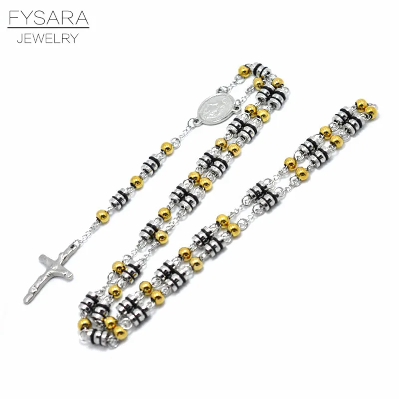 Men Necklace FYSARA Beads Cross Pendants Necklace For Men Religious Jewelry Christian Long Necklace Saint Benedict Rosary Pray Necklaces