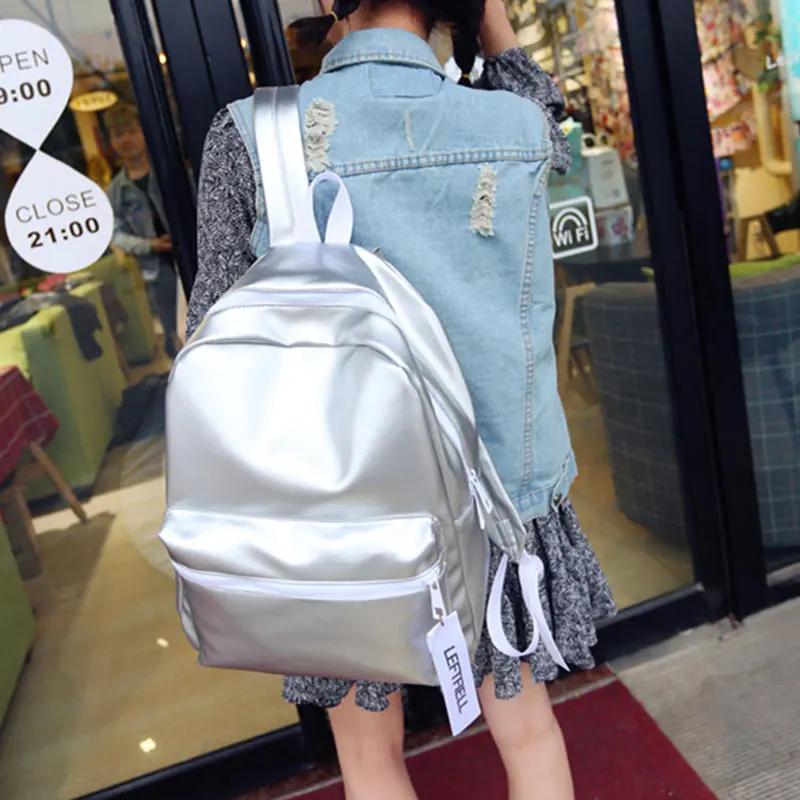 2017 New Women Silver Backpack Glossy Backpacks For Teenage Girls