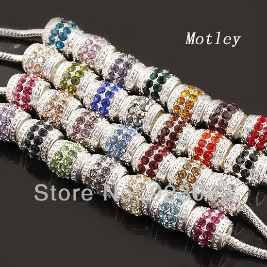

Wholesale Free Shipping 20pcs Fashion Motley Crystal Silver Cylindrical Big Hole Charms Beads For European Bracelets 12x12mm