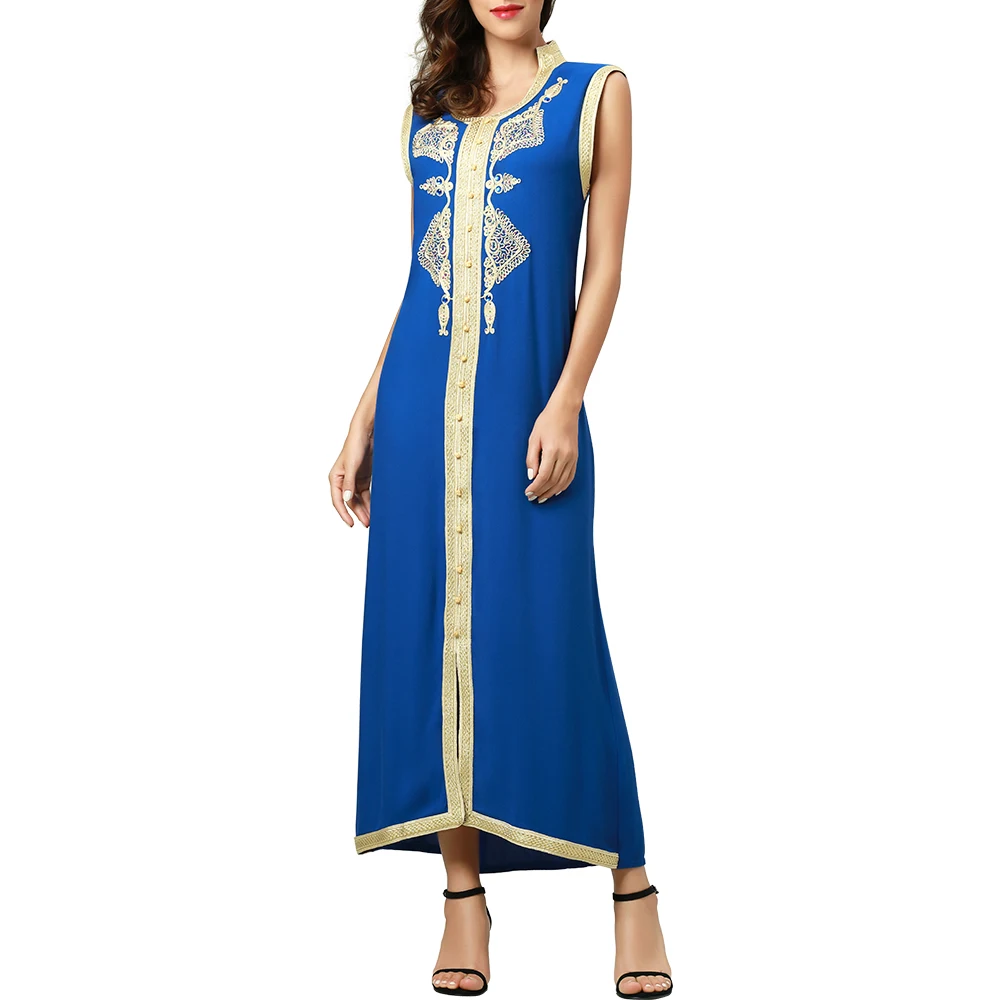 Women islamic clothing Maxi sleeveless long Dress moroccan Kaftan embroidery dress vintage abaya Muslim Robes gown hijab style