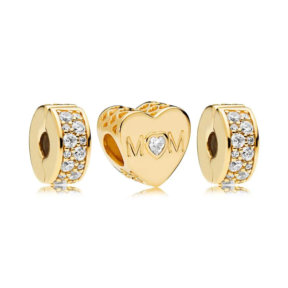 

100% 925 sterling silver Shine Mother Heart Charm Pack Set fit DIY Original Bracelet Charms Beads Female Gift Birthday