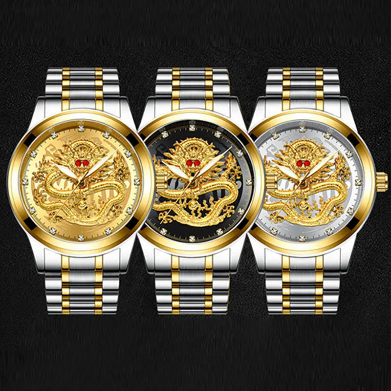 Роскошные деловые мужские часы из стали, водонепроницаемые кварцевые наручные часы, мужские часы, модные часы с золотым тиснением, бриллиантами, рубиновым драконом