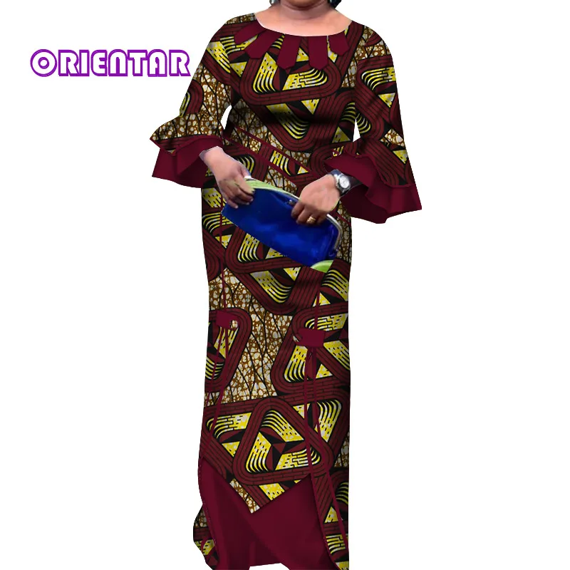 Африканские платья для женщин повседневный стиль, расклешенный рукав длинное платье макси хлопок Африканский принт женская одежда плюс размер WY4154