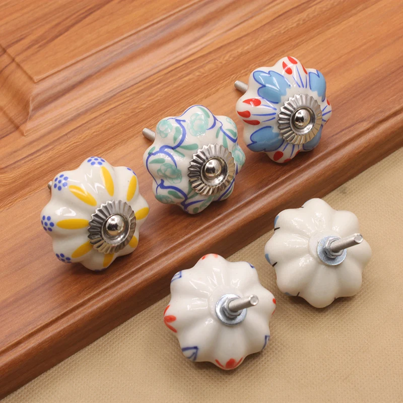 KAK 40mm Hand-painted Ceramic Drawer Knobs Porcelain Rural Cabinet Knob Cupboard Handles Mediterranean Furniture Handle Hardware