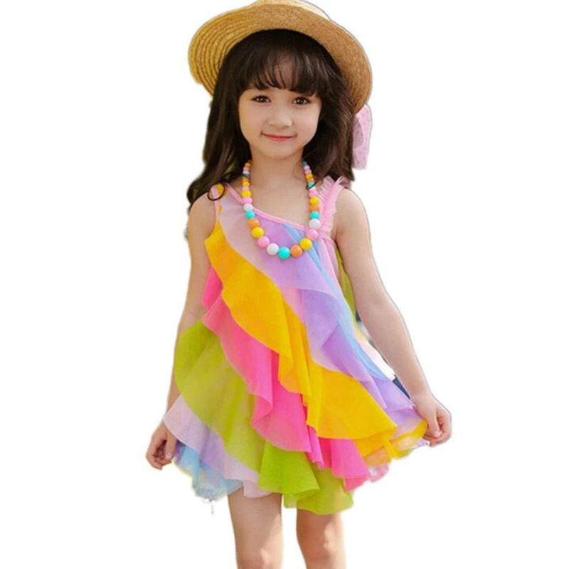 Kids Sling Rainbow Dresses for Girls Summer Beach Lace Party Princess