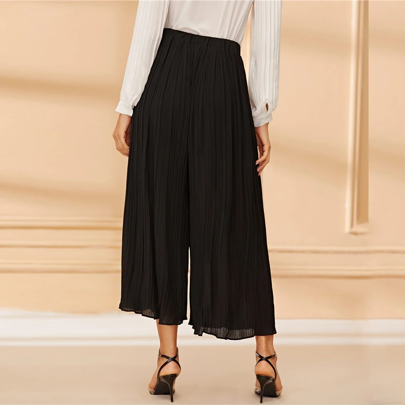 Sheinside черные повседневные широкие брюки женские летние укороченные брюки со средней талией женский однотонный комплект пуловер+ кожаная юбка брюки