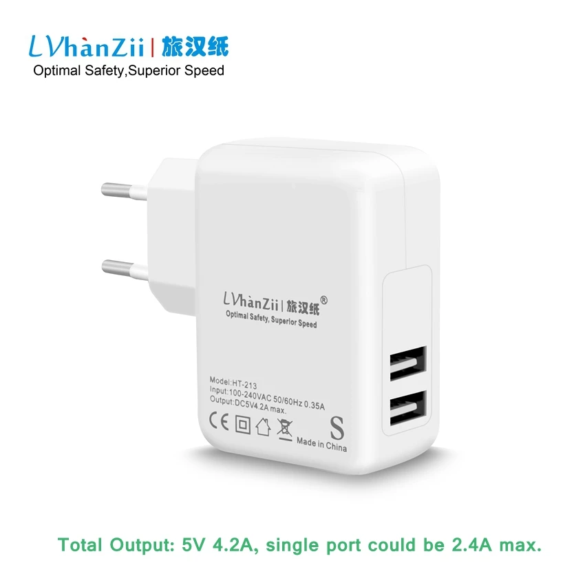 

Original LVhanzii Universal Mobile Phone Smart Charger 20W 5V 4.2A Dual USB EU European Plug Carregador Solar For Home Travel