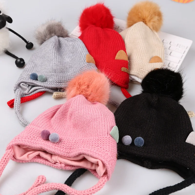 Cat Cartoon Baby Girls Hat Knit Warm Infant Beanie Hat Winter Solid Crochet Hat With Pompom Lace Up Ear Protect Beanie Baby Boy (10)