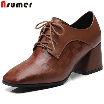 

ASUMER 2020 hot sale new pumps women shoes square toe lace up genuine leather shoes square heels high heels shoes big size 34-42