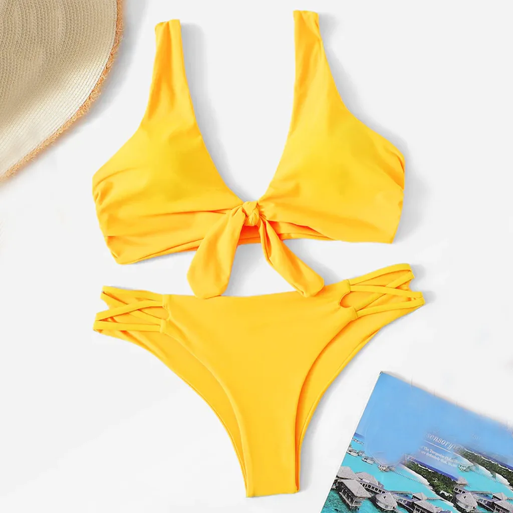 

Bikinis 2020 Mujer Sexy Thong Bikini set Swimwear Women Push up Yellow Hollow-out Swimsuit Swimming Suit For Women Bathing suit