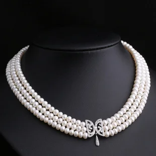 3 Rows Women's Pearl Necklace 925 