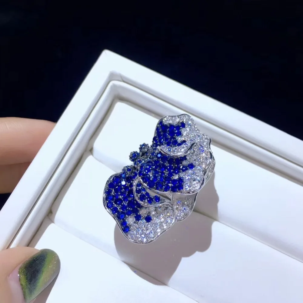 Коктейль 925 Серебряное кольцо с кубическим кольцо с цветком из циркона регулируемый размер синий нежно-розовый и красный цвета, Модные женские ювелирные изделия