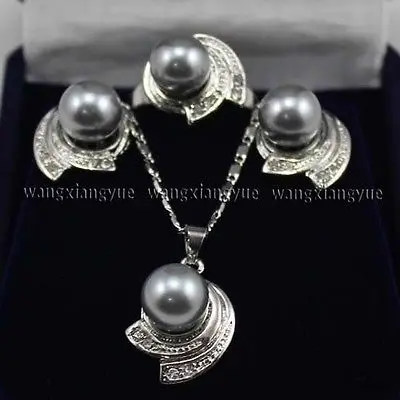

10MM Gray South sea Shell Pearl Earrings Ring & Necklace Pendant Set AAA 18K GP Plated gold Bridal wide watch wings queen JEWE