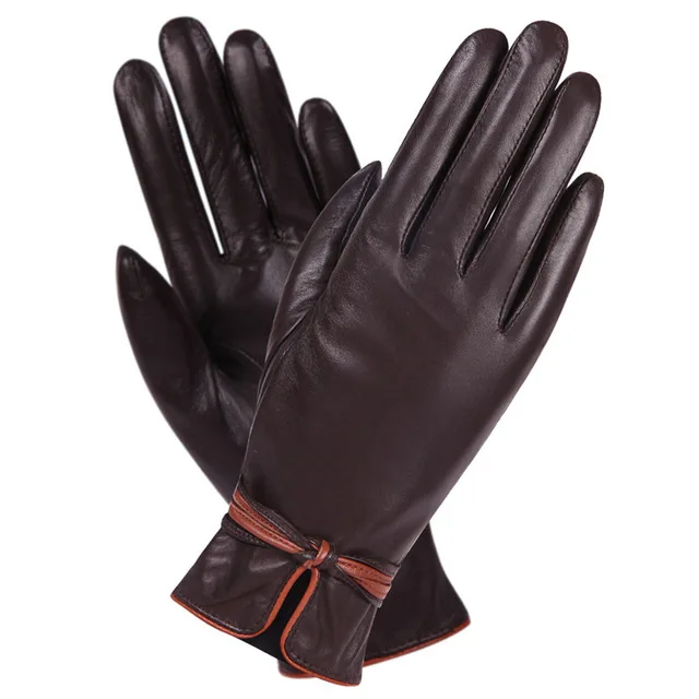 Кожаные перчатки женские Осень Зима сохраняет тепло плюс бархат утолщаются сенсорный экран овчины Натуральная кожа женские перчатки L18011NC-9 - Цвет: Dark brown