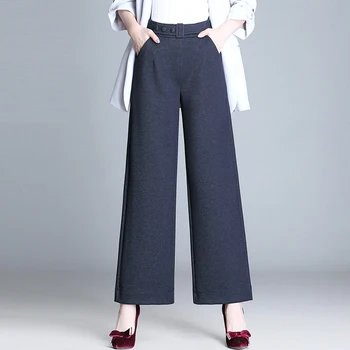 

Autumn Winter Fashion Office Lady Women Elastic High Waisted Navy Black Wide Leg Woolen Trousers , Ankle Length Loose Wool Pants