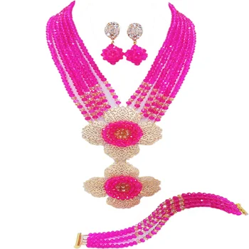 

Fashion Fuchsia Pink Gold Nigerian Necklace African Wedding Beads Jewelry Set Crystal Bridal Jewelry Sets 6DHJZ06
