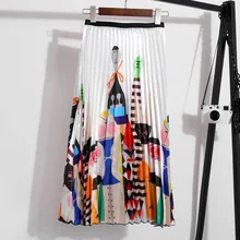 Плиссированные корейские женские юбки с мультяшным принтом, высокая талия, уличная одежда, Женская длинная юбка, летняя Свободная Повседневная Vogue Femme низ