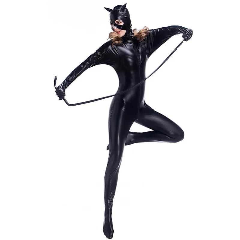 Aletterhin Adult Women Black Deluxe Leather Romper Cat with Headwear Halloween Costumes Catwoman