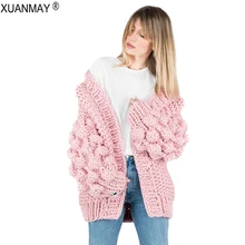 Зимний женский толстый кардиган, свитер, пальто из толстой шерсти, вязаный свитер ручной работы, кардиган, шаль, уличный стиль, Теплый розовый свитер