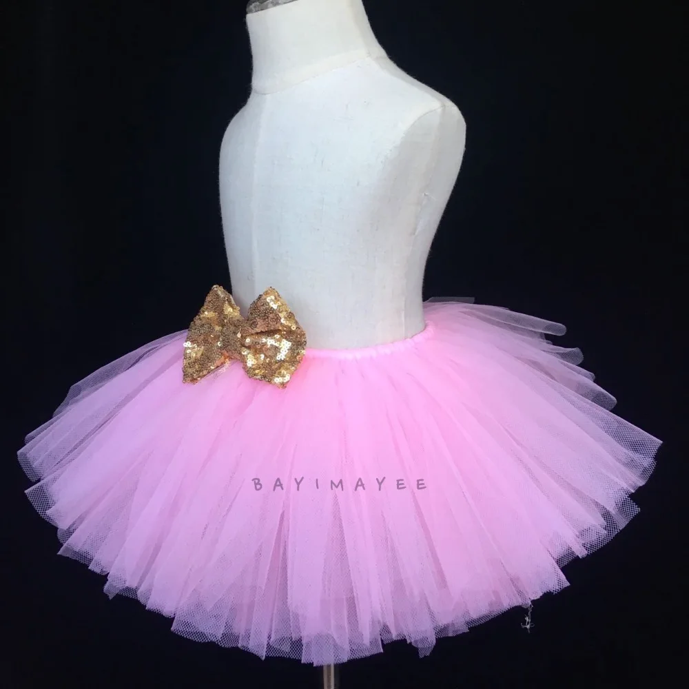 Розовая юбка-пачка для девочек Детская Пышная юбка из тюля, юбка для дня рождения с золотым атласным бантом, детская балетная юбка-пачка, Детский костюм, юбки