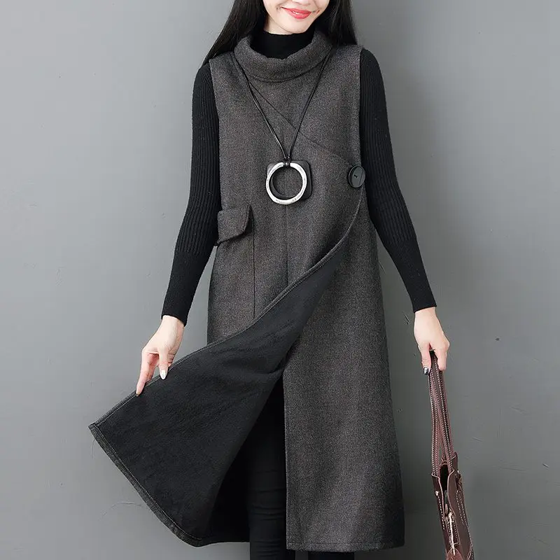 

Mferlier Winter Dresses Turtleneck Women Sleeveless Big Pocket Split Hem One Button Solid Loose Fleece Warm Ladies Dresses