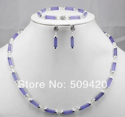 

Free Shipping Wholesale>>>New design - natural purple jade silver link necklace earrings set