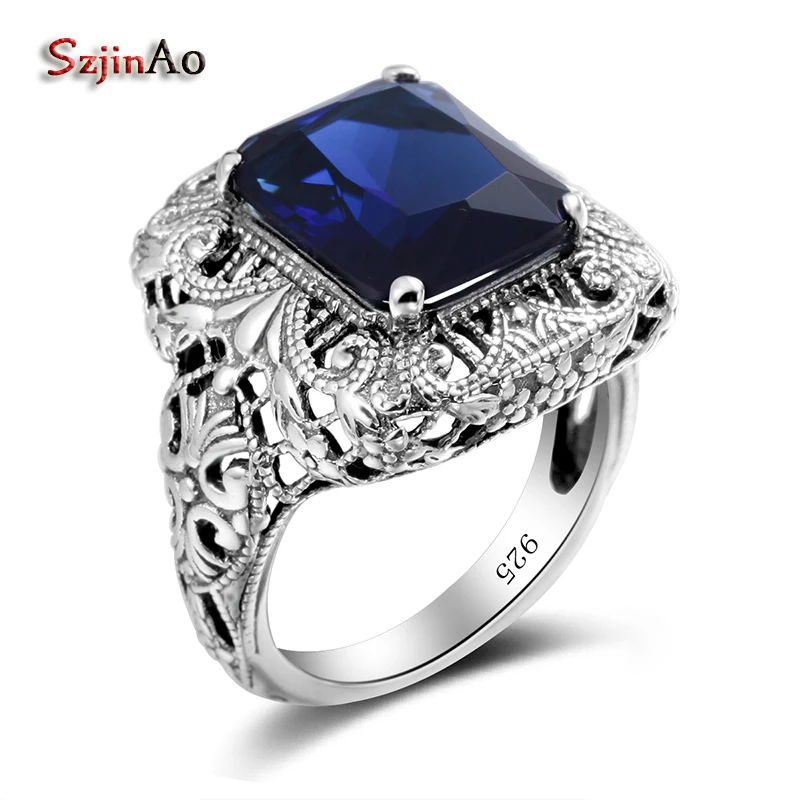 Szjinao Wholesale Flower Big 925 Sterling Silver Ring For Women Blue Stone Zircon vintage engagement Jewelry