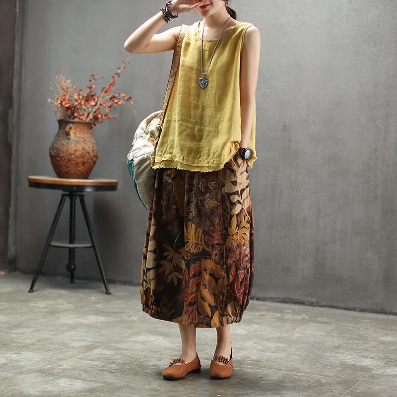 Ethnic Print Long Skirts Women High Waist Midi Skirt Linen 2019 Summer All-Match Skirt Ladies Green Beach (2)