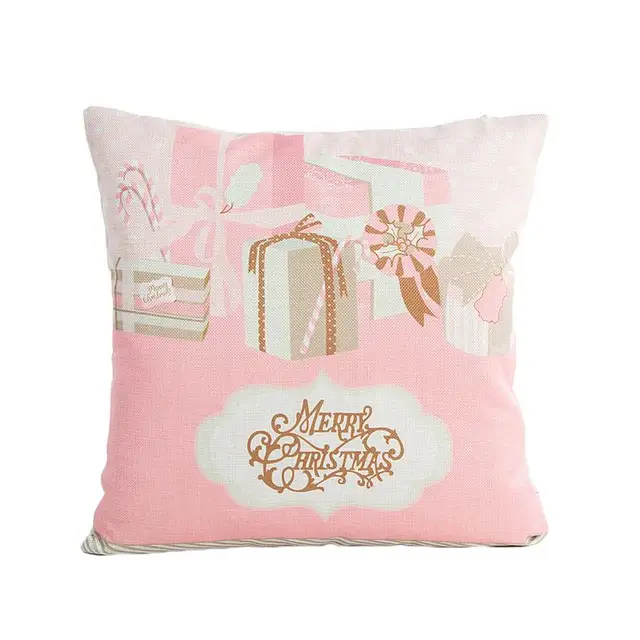 Pink Merry Christmas Decorative Pillow Case Linen Printed 18x18 Inches