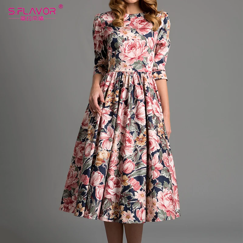 

S.FLAVOR Women printing A-line dress 2018 Autumn winter fashion O-neck short dress Elegant three quarter sleeve casual vestidos