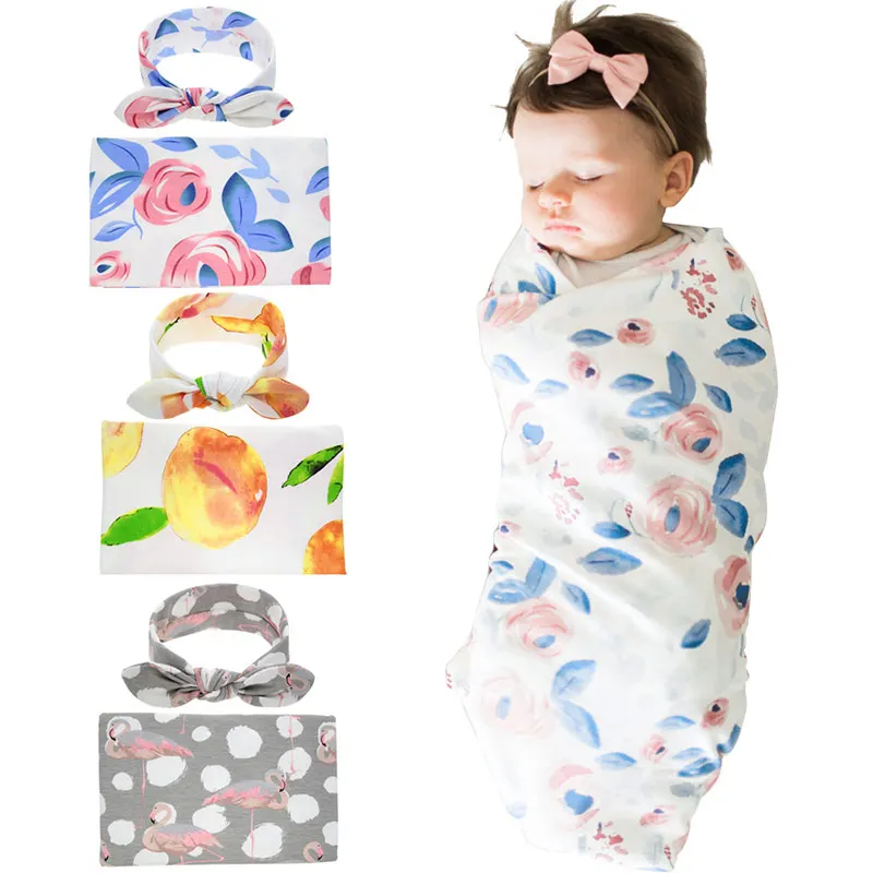 90*90cm Baby Blanket Headband Set Cotton Cloth Infant Newborn Swaddle Multifunction Wrap Bath