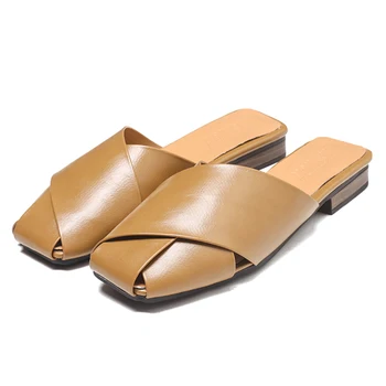 

Hollow Mules Women Slippers Fashion Casual Shoes Woman Low Heel Square Toe Flip Flops Black Beige Khaki Ladies Flat Slippers