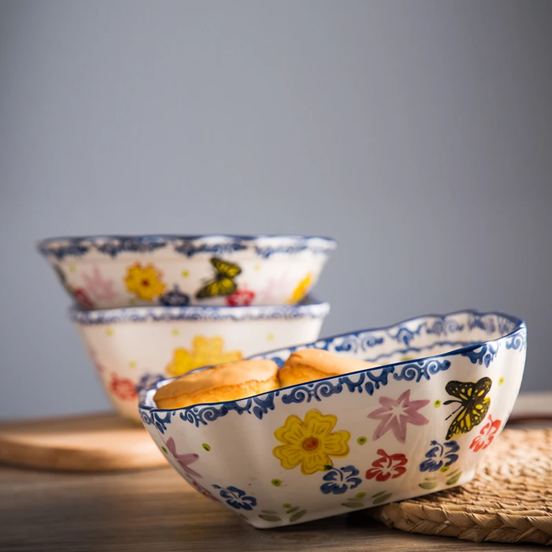 

European-style lace wave Bowl Soup Bowl Korean Instant Noodles Bowl Large Cute Salad Original Underglaze Color Technology Cerami