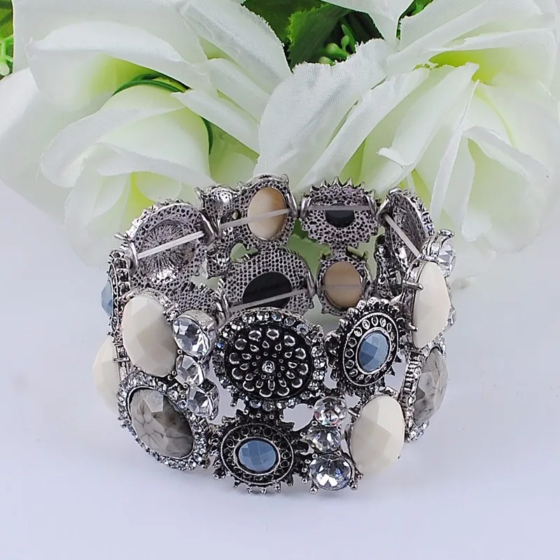 Турецкий растягивающийся браслет, изысканный ручной работы, резные цветы, античный посеребренный, имитация смолы, полный кристалл