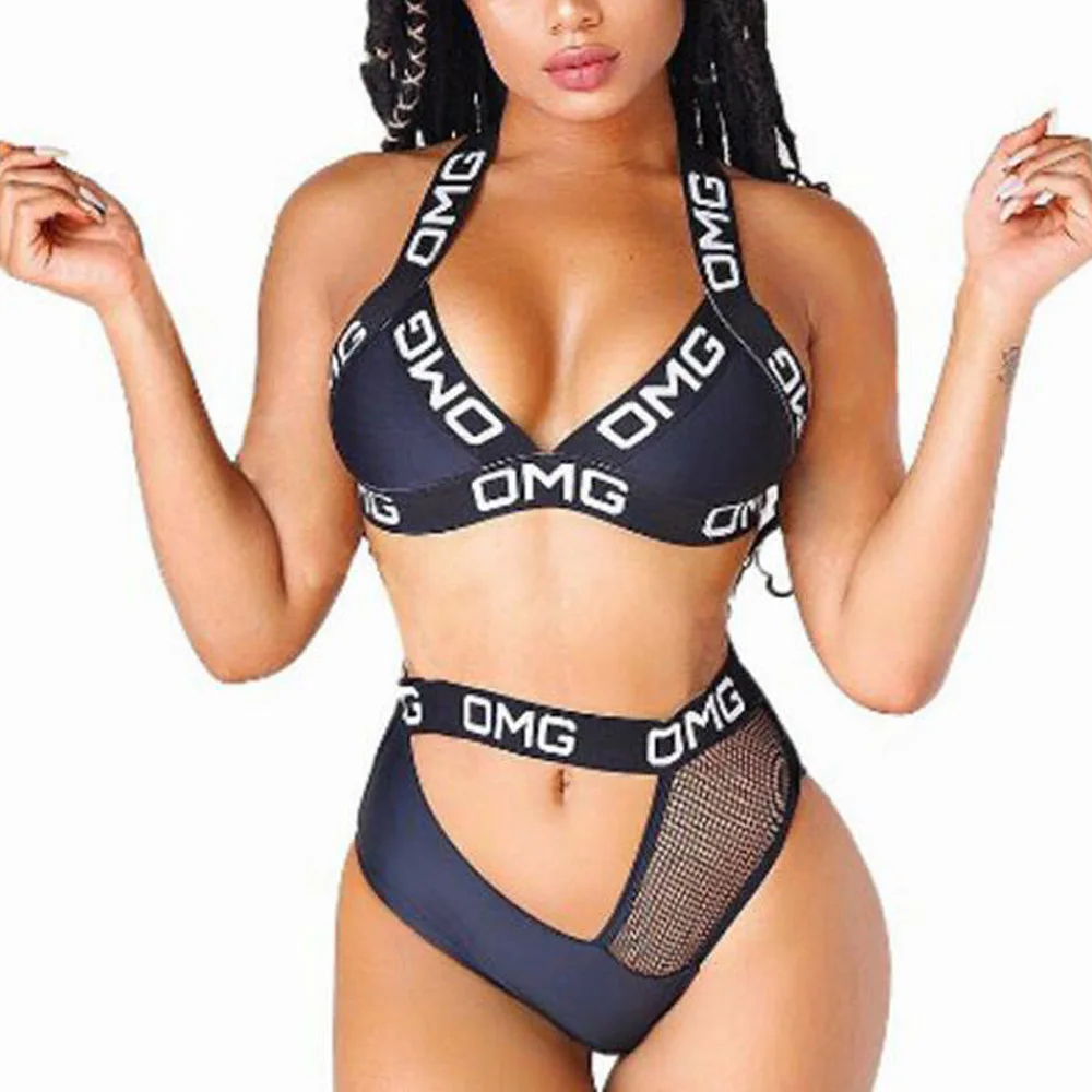 

Swimsuit for women bikini set 2019 music singer rapper wall art paiting print mesh OMG letter print swimwear bandage W9502
