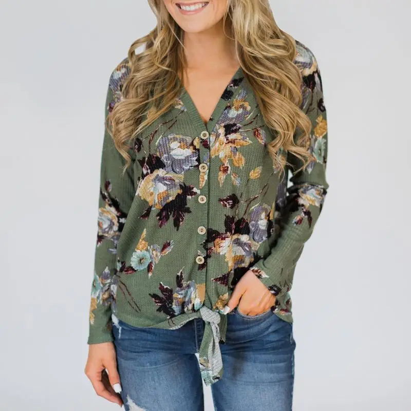 

2019 Autumn Women Floral Print Cardigan Casual V Neck Long Sleeve Single Breasted Button Bow-Tie Loose Slim Coat