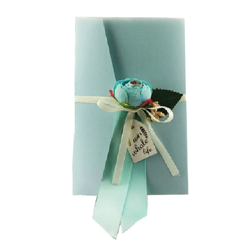 

50 pcs Wedding Invitations Card Blue Pearl Paper with handmade silk flower Baby Shower Birthday invitation cards