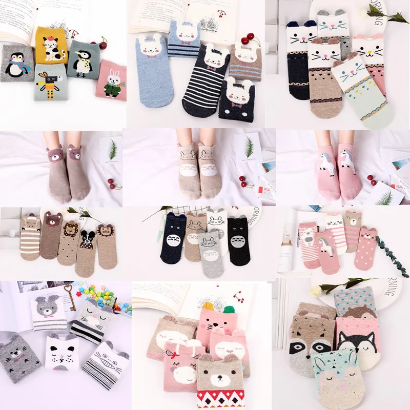 

5 pairs of spring new ladies animal pattern stereo ear cartoon socks feather yarn socks cotton boat socks