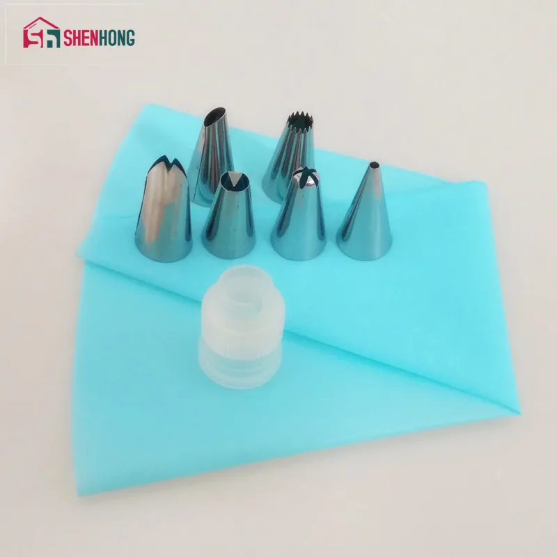 

8 PCS/Set Silicone Kitchen Accessories Icing Piping Cream Pastry Bag + 6 Stainless Steel Nozzle Set DIY Cake Decorating Tips Set