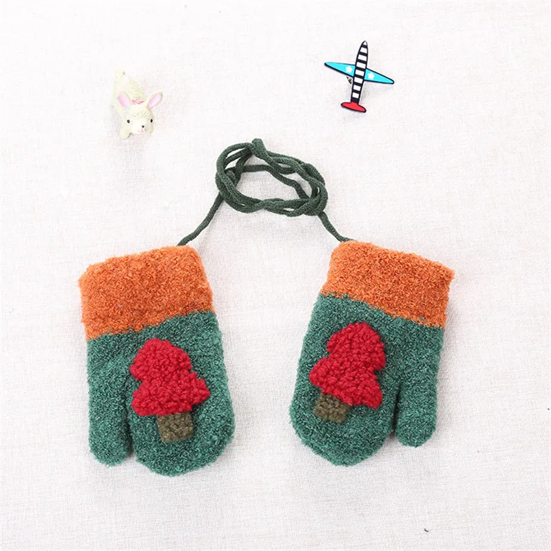 1-3Yea Winter Baby Boy Girl Gloves Thicken Warm Cotton  Full Finger Cute Cartoon Knitting Gloves Infant kids With Sling (7)
