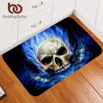 

BeddingOutlet Flame Skull Bathroom Rug Non-slip Gothic Kitchen Carpet Blue Fire Door Mats Indoor Home Decoration tapete 40x60cm