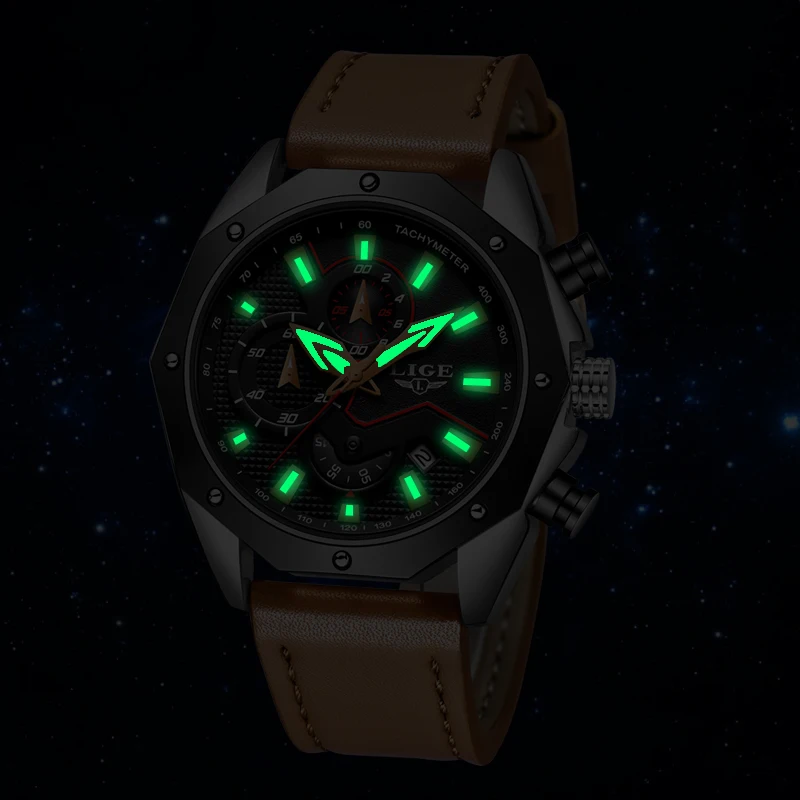 LIGE Mens Watches  New Fashion Chronograph Military Sport Watch Mens Casual Leather Waterproof Quartz Watch Relogio Masculino