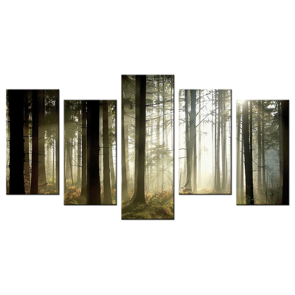 

5 Piece Canvas Wall Art Foggy Forest Home Decor Landscape Painting Mural Contemporary Giclee Artwork Modular Pictures Prints