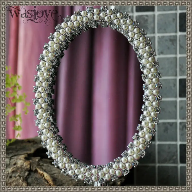 vintage princess silver zinc alloy metal desktop makeup mirror dressing cosmetic mirror with pearl decorative desk set 468A