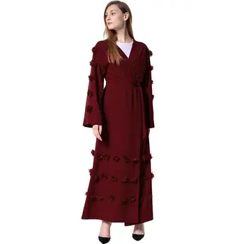 

Women Muslim Dresses Loose Robe Flowers Front Open Tied Waist Long Sleeve Dress Arab Abaya Islamic Clothing Cardigan G12394BU-XL