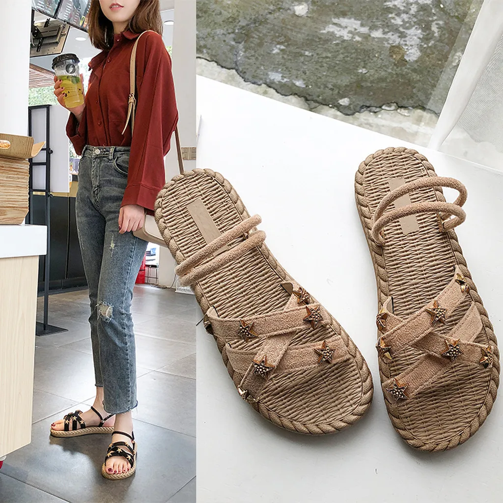 

Women's Flat With Cross Straps Open Toe Sandals Hollow Elastic Slippers Star patch summer cool women's sandals beach shoes