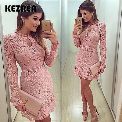 Kezrea женское осеннее платье с длинным рукавом и круглым вырезом кружевное