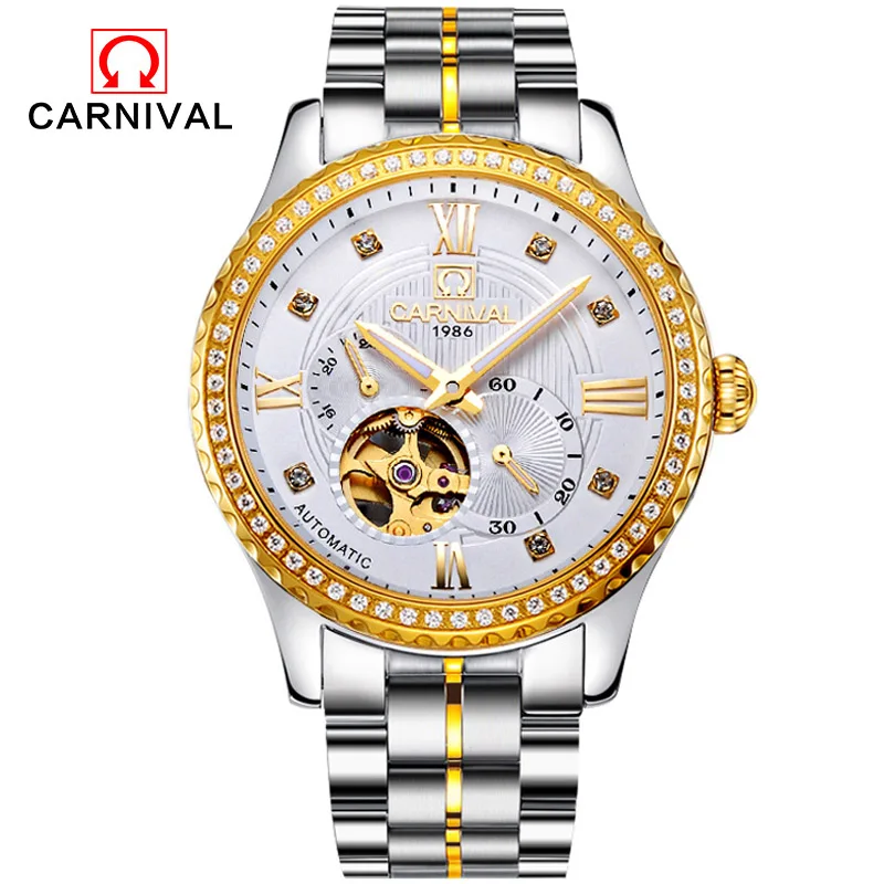 

Carnival Watch Men Hollow diamond Automatic Mechanical Gold Stainless Steel Waterproof White Dial Watches